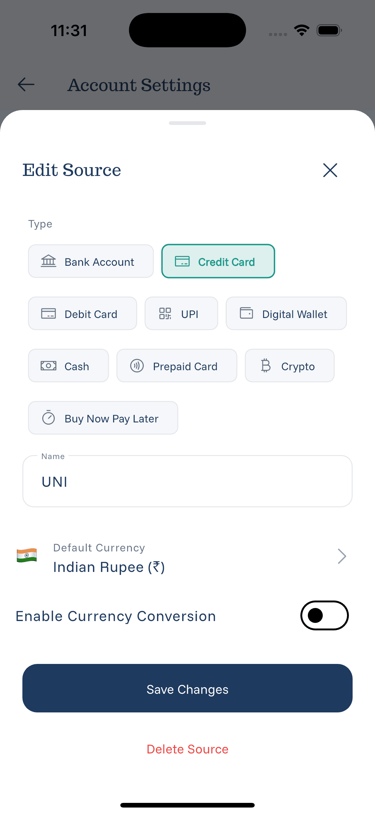 eqva money settings screen for editing payment sources including credit cards, bank accounts, and digital wallets
